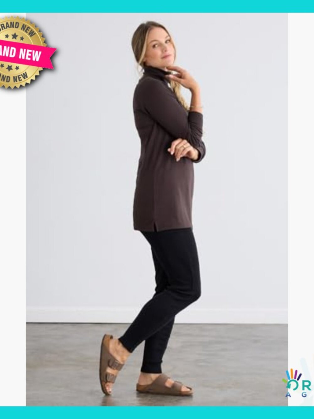 Luxe Organic Cotton Mock Neck Tunic Long Sleeve Cozy Minimal Chic Top - Picture 3 of 7